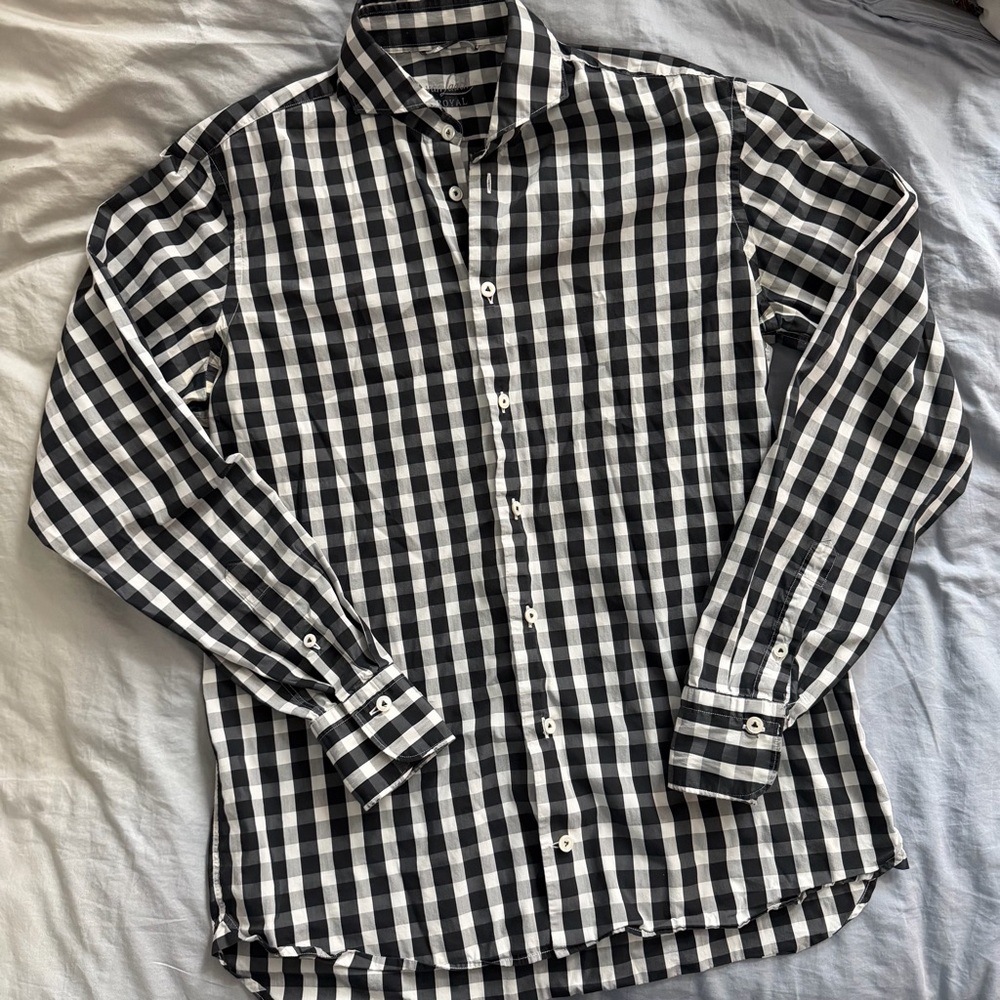 van Laack Royal Men's Gingham Check Shirt - Black/White - 100% Cotton - M
